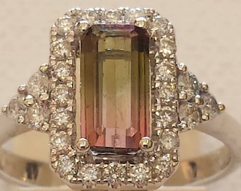 18 K white gold watermelon tourmaline and diamond ring
