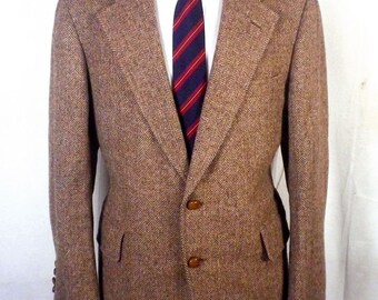 vtg Harvey Ltd Bespoke Canvassed Brown Tweed Herringbone Blazer Sportcoat 42 R