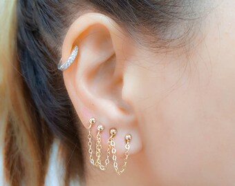 SALE - Double piercing earring - triple piercing - four piercing - Chain Stud Earring - triple studs - double studs
