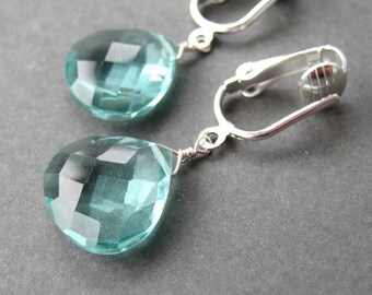 Light Aqua Clip-On Earrings, Pale Blue Faceted Teardrop Earrings for Non Pierced Ears, Blue Stone Drop Dangle Clipons, Silver, Morris Modern