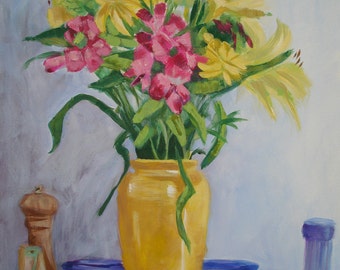 Summer Bouquet Original Still Life Painting on Canvas Yellow Pink Blue