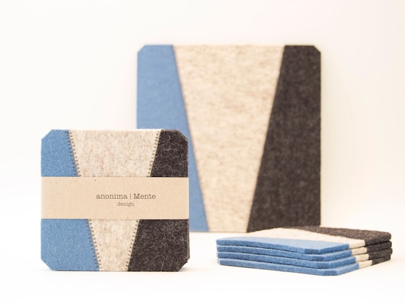 Set of felt coasters / square coasters / blue and grey / blue coasters / modern home design / wool felt / gift idea / made in Italy