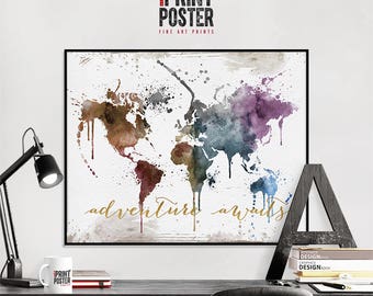 world map poster adventure awaits, map of the world print, world map wall art by iPrintPoster