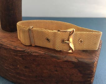 Mesh Buckle Bracelet, Gold Tone, Mid Century, Classic Elegant Jewelry 1970's