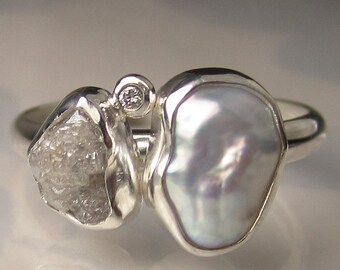 Baroque Pearl and Rough Diamond Ring - Recycled Sterling Silver Engagement Ring - Made to Order