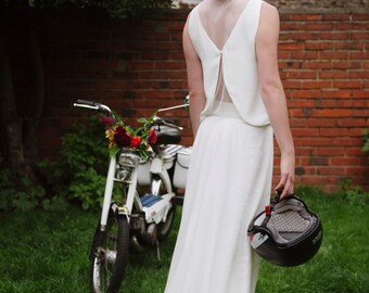 Top in silk crepe and tulle dotted