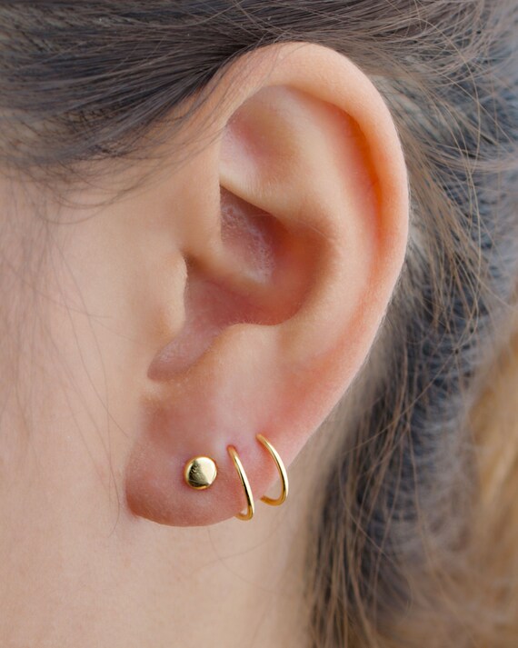 Double Piercing Hoop Earrings Sterling Silver Gold Plated
