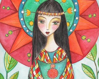 Goajira girl. Art print, watercolor print, Illustration, Ethnicity, Colorfull,5X7