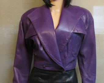 Vintage 1980's Vakko Purple Leather Short Motorcycle Style Cropped Jacket Made in USA Size S