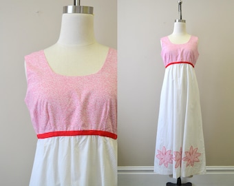 1960s Red and White Floral Cotton Maxi Dress