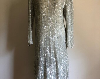 Stunning Vintage Iridescent Pale Silver Sequined and Beaded Gown
