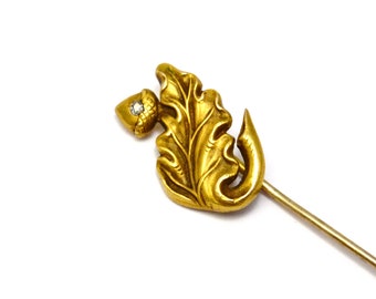 Antique Victorian 10k gold diamond acorn and oak leaf stick pin brooch