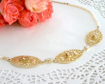Gold bib necklace, Gold necklace, Bib necklace, Gold statement necklace, Statement necklace, Crystal statement necklace, Crystal necklace