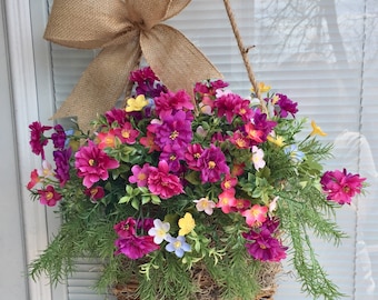 Spring Front Door Hanger, Spring Door Hanger, Spring flowers, Spring basket hanger, spring Hanging basket, Floral Basket for front door