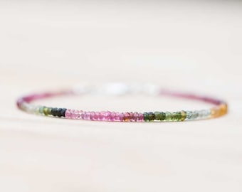 Delicate Multi Colored Tourmaline Bracelet, Watermelon & Petro Colors, Watermelon Tourmaline Jewelry, Sterling Silver Rose Gold Fill