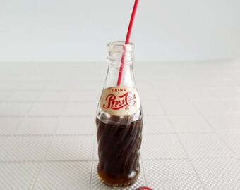 1:4 SCALE Miniature Pepsi Bottle VINTAGE GLASS Partially Consumed with Red Straw - Realistic Drinks for Larger Fashion Dolls, Figures, BJDs