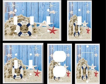 NAUTICAL STARFISH BEACH Life Preserver Net Blue Board Wood Light Switch Cover Plate Free Shipping to U.S.!!! You pick plate size