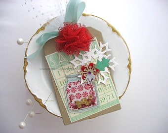Festive Holiday Candy Jar Bingo Card Snowflake XL Deluxe Christmas Gift Tag or Homemade Card~hang tag~Tulle Pom Pom~green~red~white