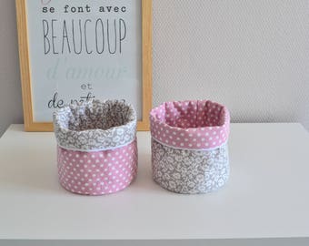 Baskets of pink, grey and white