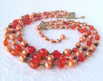 Vintage Coro Orange Beaded Necklace Crystal Faux Pearl Peach Beads Halloween Wedding Costume Jewelry Multi Strand Stage Theater MOG MOB MOH