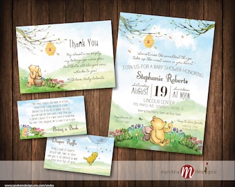 Classic Winnie the Pooh Baby Shower Invite, bring a book card, diaper raffle, thank you card