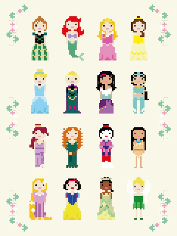 Disney Princess Cross Stitch Pixel Sampler PDF Pattern