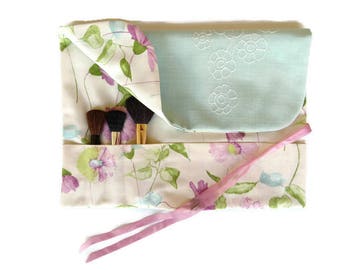Makeup Brush Roll Purple Floral Cosmetic Organizer Beauty Gift