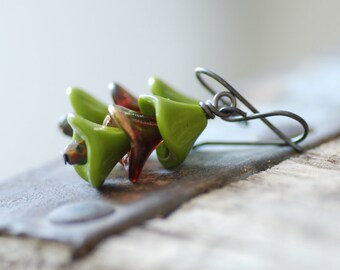 Earthy Earrings, Green and Brown Earrings, Glass Dangle Earrings, Oxidized Sterling Silver, Woodland Jewelry, Olive Green, Flower Earrings