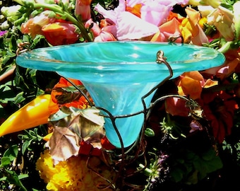 BUTTERFLY GIFT, stained glass, Butterfly FEEDER, copper garden, Aqua Green, Bird feeder, Garden stake, Garden Art