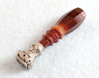 Antique silver & banded red agate wax seal, initials "DB"