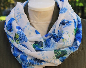 Infinity Scarf. Flower infinity scarf. Butterfly infinity scarf. Scarf. Floral infinity scarf. Blue scarf. Gift. Blue infinity scarf