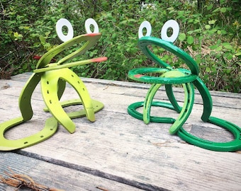 Horseshoe Garden Frog, Whimsical Summer Yard Art Gift Idea, Welded Metal Art, Horseshoe Animal