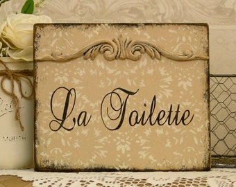 LA TOILETTE bath vintage styled shabby rustic powder room damask sign with applique