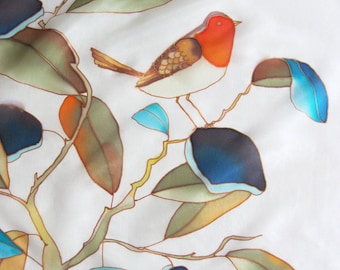 Small silk scarf, bird white scarf, hand painted scarf, nature lover gift, bandana, ornithology, silk art, silk accessory - made TO ORDER