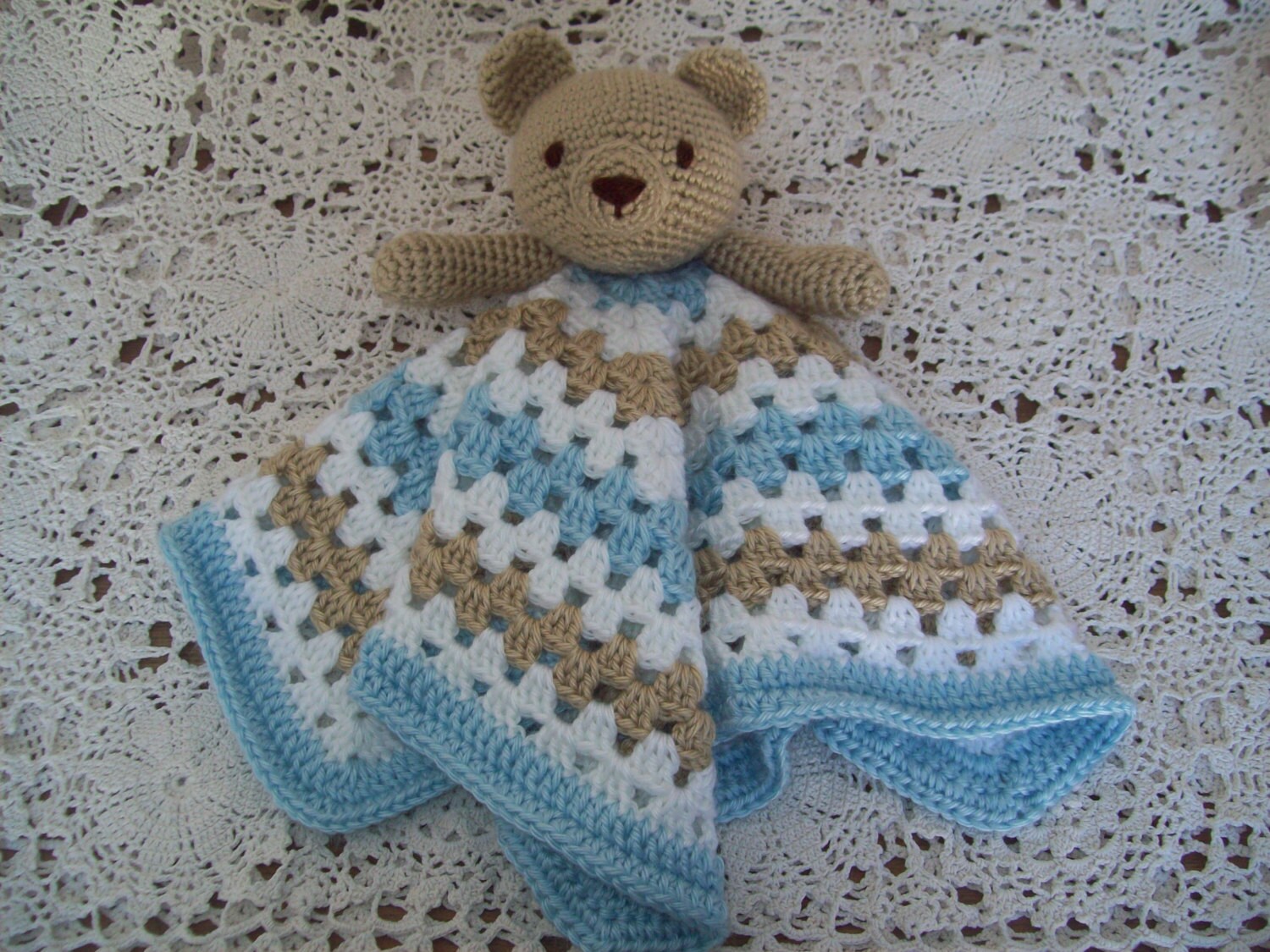 Crocheted Teddy Bear LOVEY Security Blanket Snuggle Blankie