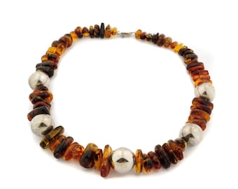 Mexican Amber Nugget Statement Necklace with Sterling Silver Beads