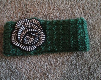 Forest Green Ear Cozy/ Ear Warmer with Flower