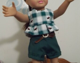 18" doll Shorts set in Dark green and plaid 383E