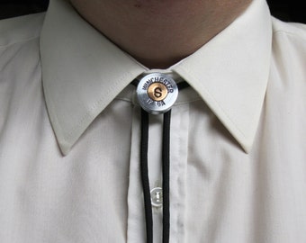 Men's Bolo Tie Monogram, Shotgun Shell Winchester Nickel - Wedding Gift
