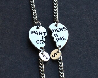 PARTNERS IN CRIME bracelet, initials friendship bracelet set, best friends, best bitches, broken heart set, sisters gift jewelry