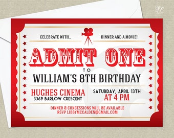 Red, Gold and Black Movie Night Birthday Invitation - Movie Ticket Invitation - Night at the Movies Invitation