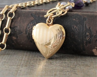 Gold Heart Locket Necklace, Amethyst Locket, June February Birthstone Locket, Push Present, Gold Locket, Gold Photo Locket Chunky Chain