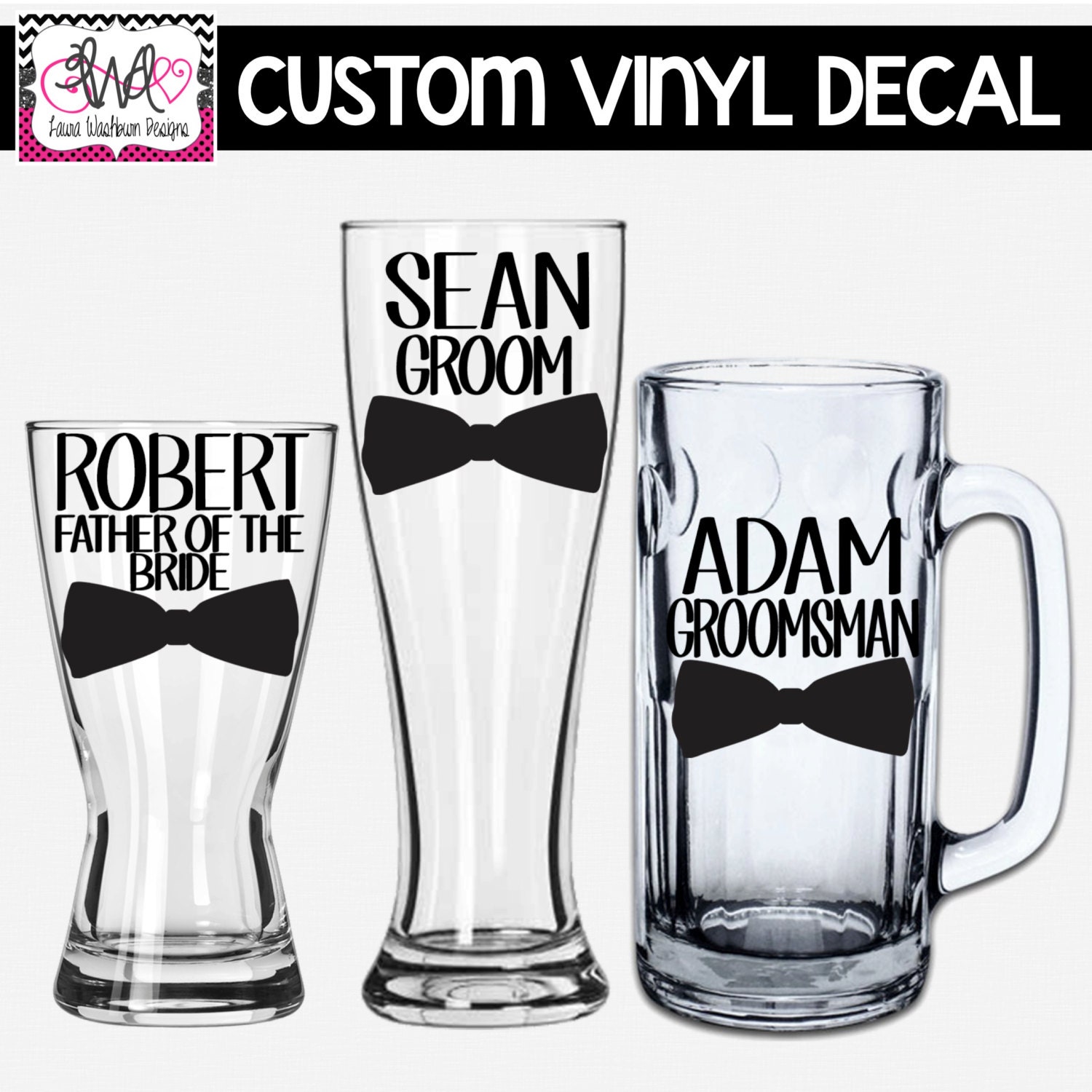 VINYL DECAL DIY Name Title and Bow Tie for Beer Mugs/Pilsner
