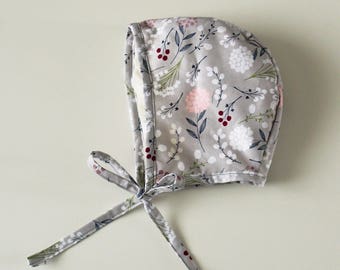 Grey Floral Newborn Baby and Toddler Bonnet, Baby Bonnets, Modern vintage style baby hat, Toddler bonnet