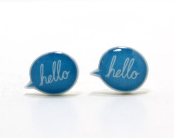Blue Hello Speech Bubble Earrings | Sterling Silver Posts Studs | Gifts For Her