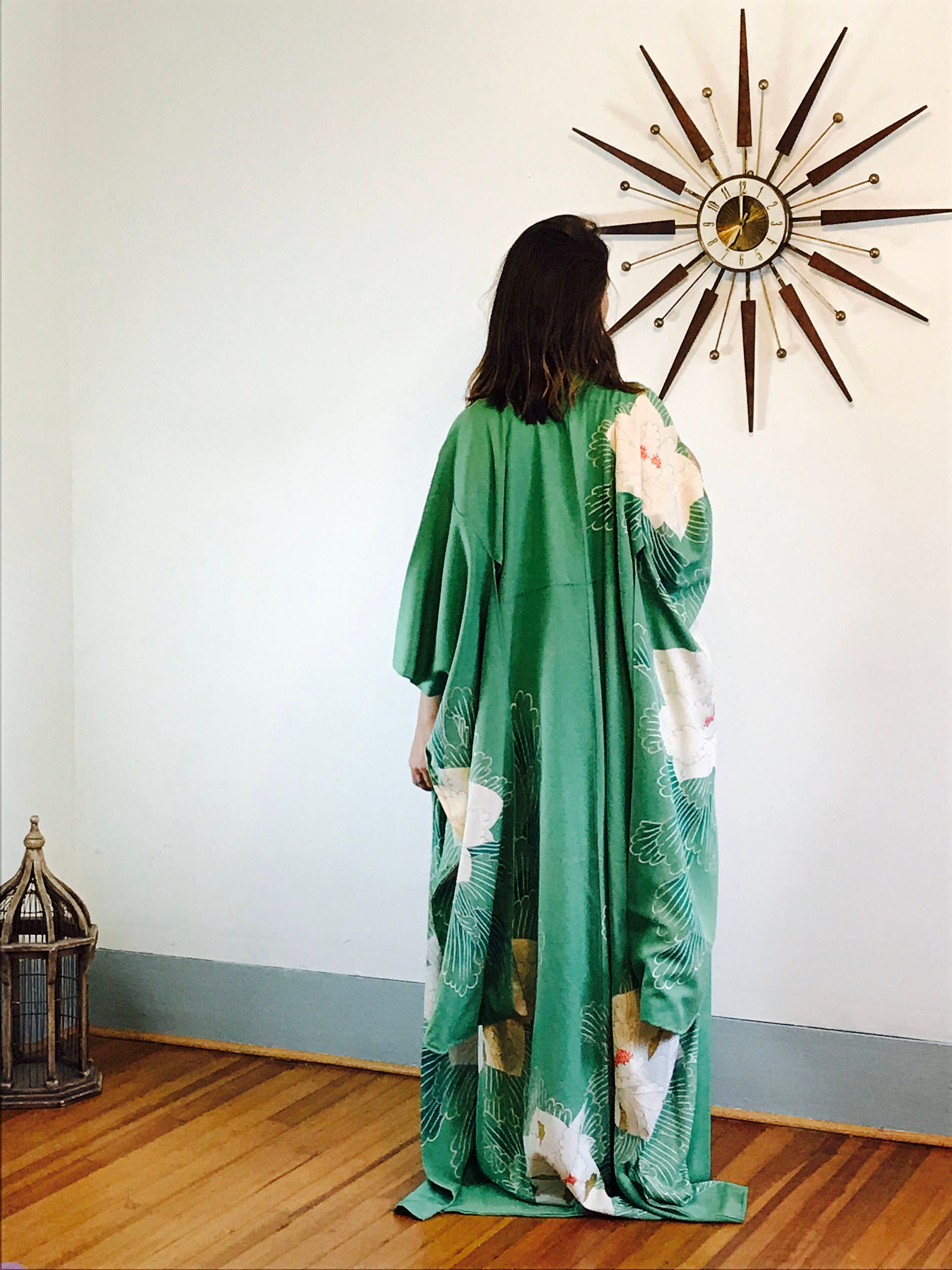 vintage 50s kimono, silk kimono, long sleeve kimono, Japanese robe