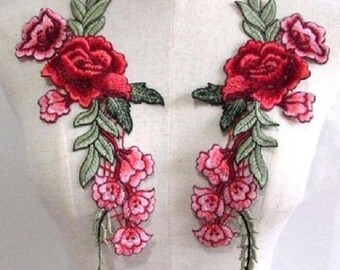 ACD06 / flowers ROSES * 12 x 30 cm * set of 2 symmetrical Col Guipure lace Appliques
