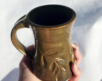 Brown Locust Leaf Pottery Mug 10 ounce Handmade by Daisy Friesen