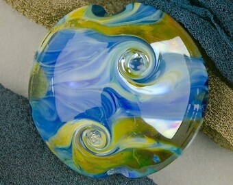 Handmade Lampwork Beads "Silver Wave" SRA Glass Focal Bead Lentil ~ OOAK Textural Organic Silver Glass Lustre ~ True Blue