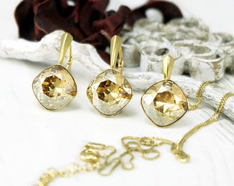 Champagner Kristallohrringe, Swarovski Ohrringe, brautjungferngeschenk, Gold Kissen geschnitten Ohrring Anhänger, Silber Brautjungfern Ohrringe, Kristall-set